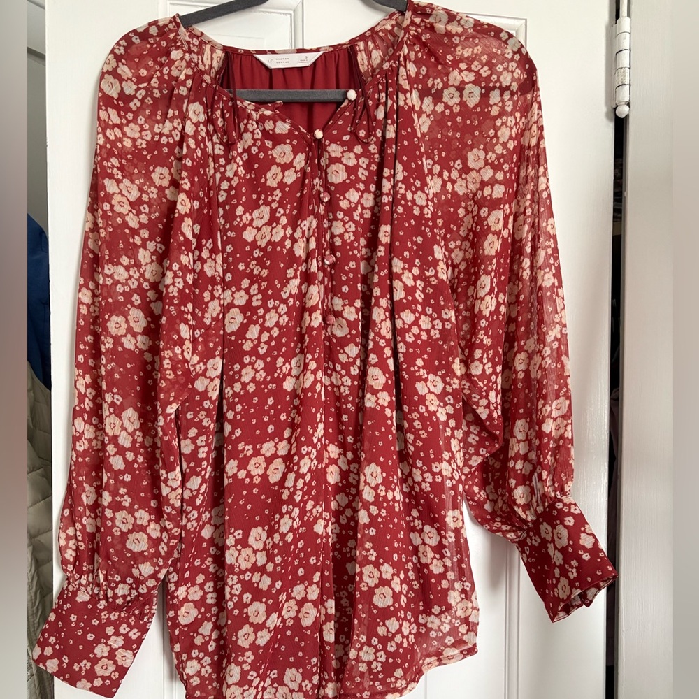 LC Lauren Conrad Red Floral Tie-Neck Blouse
